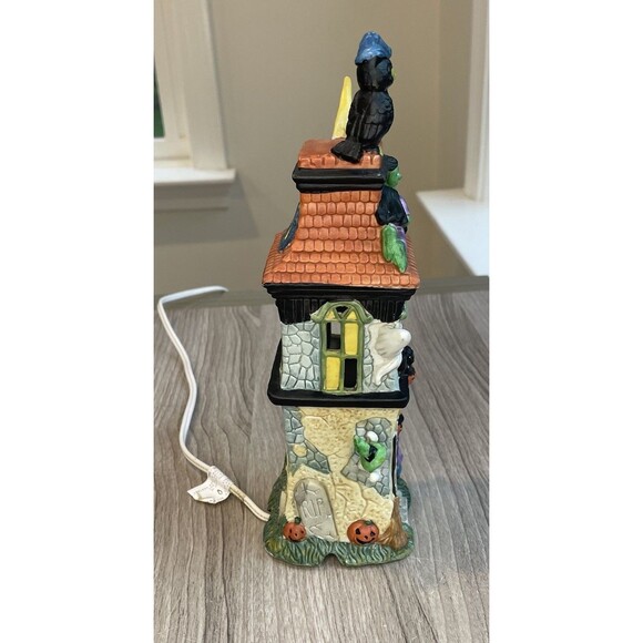 Vintage Halloween Lighted Porcelain Haunted House Decoration Ghosts Witch Bat - Picture 3 of 11